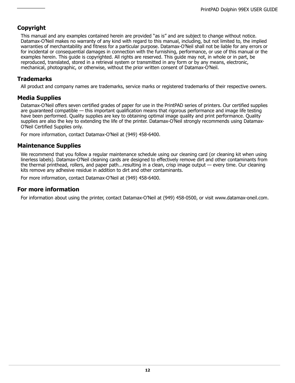 Trademarks, Media supplies | Datamax-O'Neil PrintPAD Dolphin 99EX User Guide User Manual | Page 14 / 15