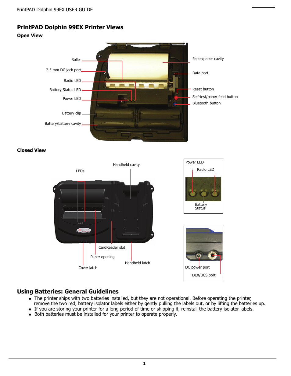 Printpad dolphin 99ex printer views, Open view, Closed view | Using batteries: general guidelines | Datamax-O'Neil PrintPAD Dolphin 99EX User Guide User Manual | Page 3 / 15