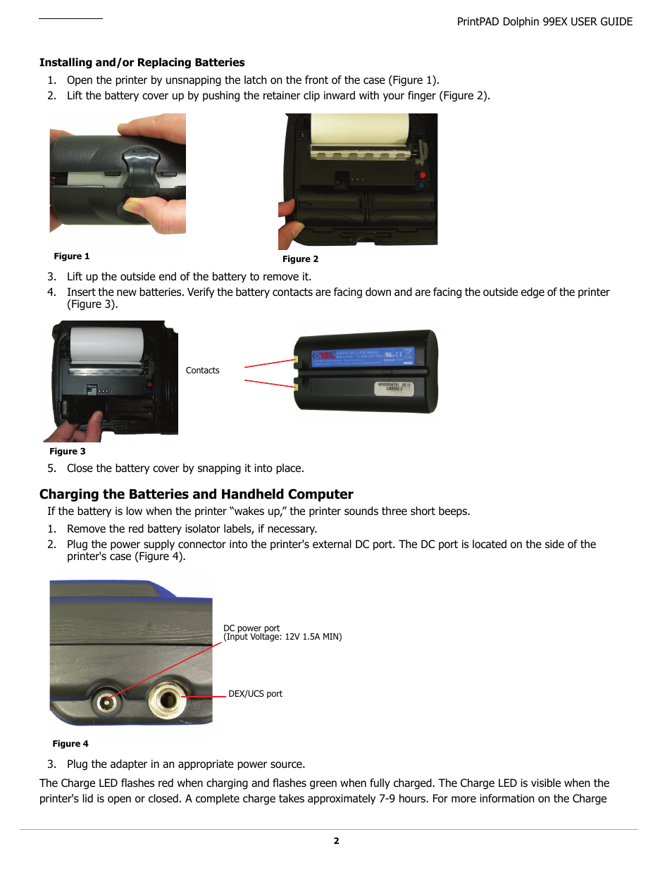 Installing and/or replacing batteries, Charging the batteries and handheld computer | Datamax-O'Neil PrintPAD Dolphin 99EX User Guide User Manual | Page 4 / 15
