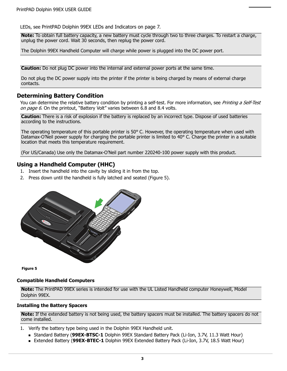 Determining battery condition, Using a handheld computer (hhc), Compatible handheld computers | Installing the battery spacers | Datamax-O'Neil PrintPAD Dolphin 99EX User Guide User Manual | Page 5 / 15