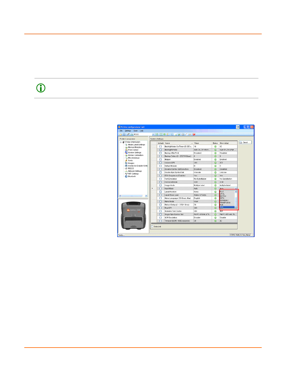 Printer input mode (emulation) | Datamax-O'Neil RL3_4 User Guide User Manual | Page 35 / 70