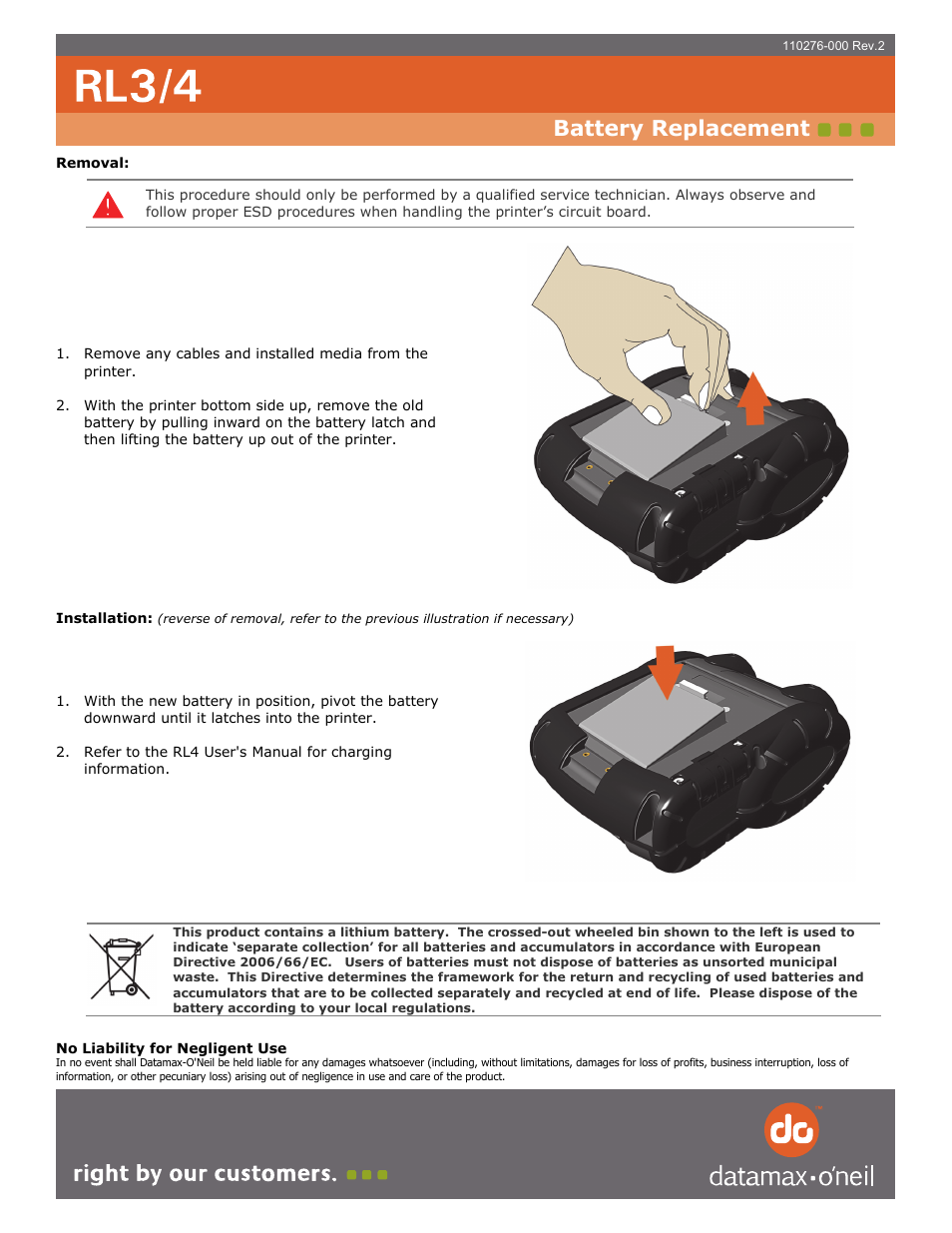 Datamax-O'Neil RL3_4 Battery Replacement User Manual | 1 page