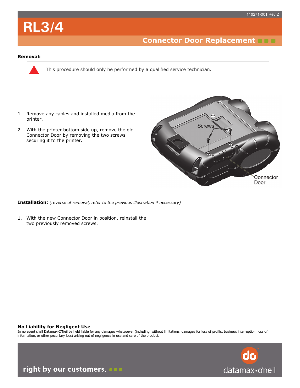 Datamax-O'Neil RL3_4 Connector Door Replacement User Manual | 1 page