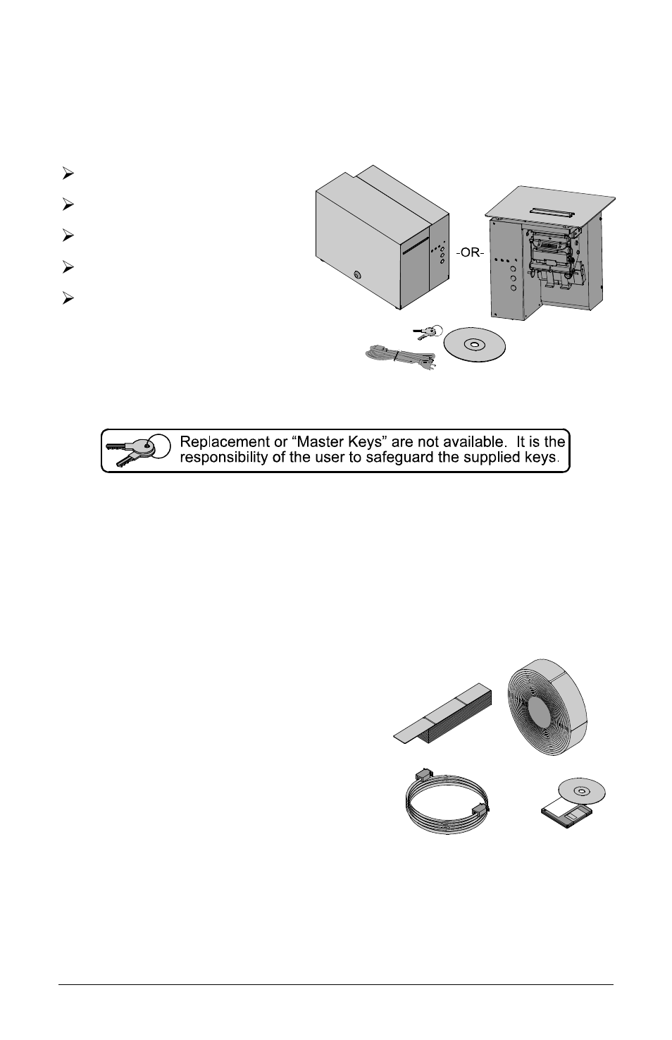 1 inspection, 2 additional requirements, Power cord | Keys ( st models only ), Accessories cd-rom, Special or additionally purchased items, Important notice, Applicable ticket stock, Applicable software | Datamax-O'Neil S-Class User Guide User Manual | Page 14 / 92
