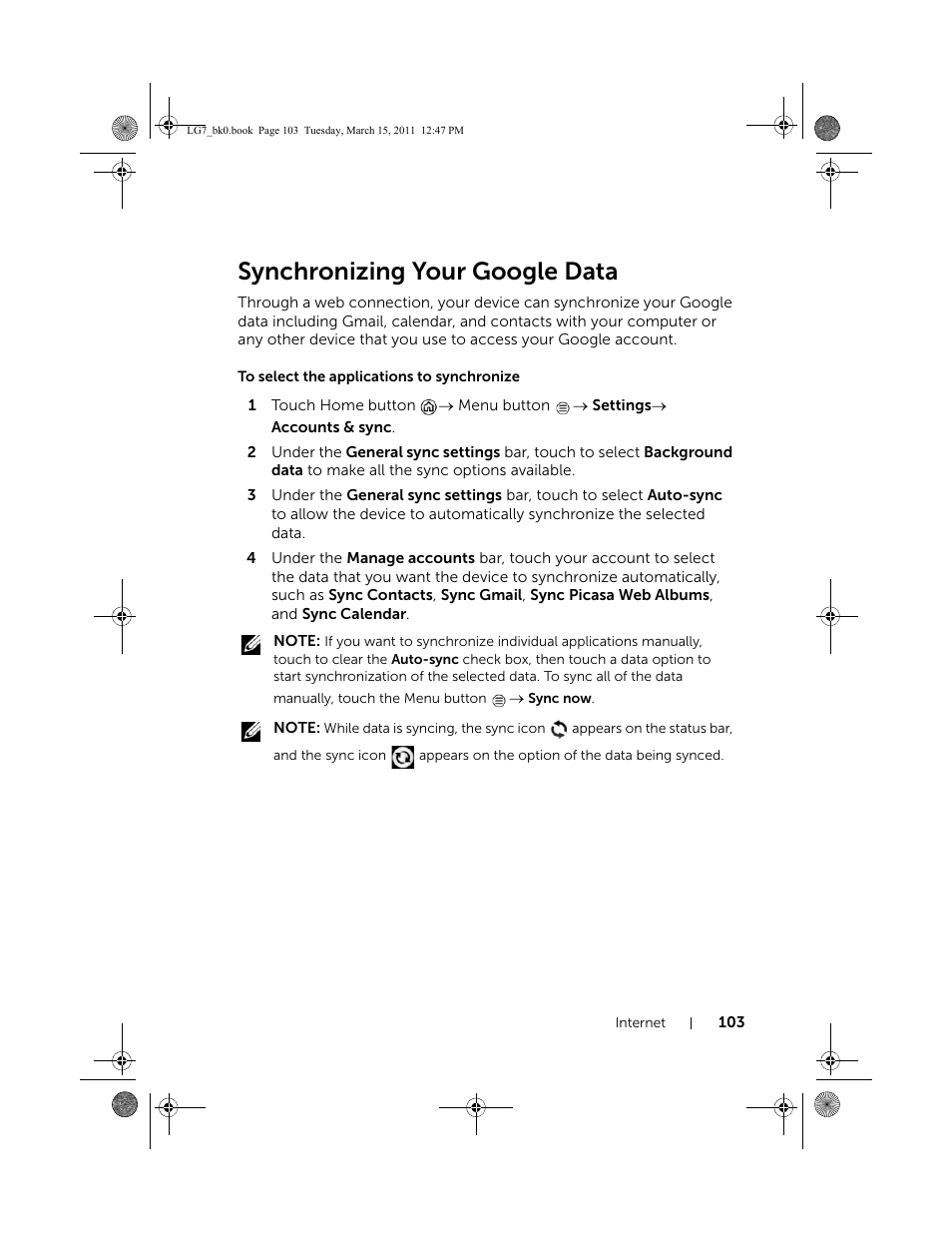 Synchronizing your google data, To select the applications to synchronize | Dell STREAK 7 User Manual | Page 103 / 141