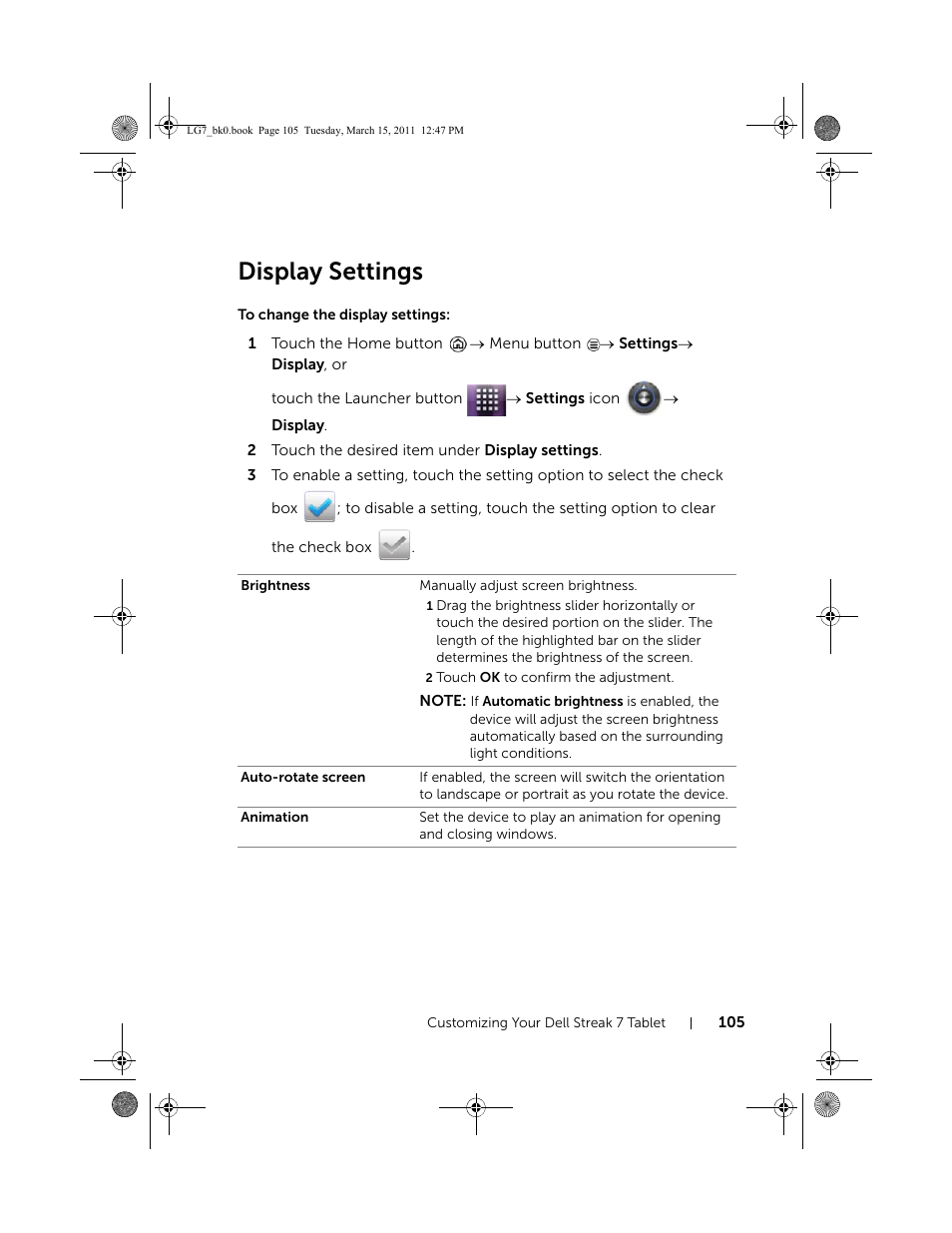 Display settings, To change the display settings | Dell STREAK 7 User Manual | Page 105 / 141