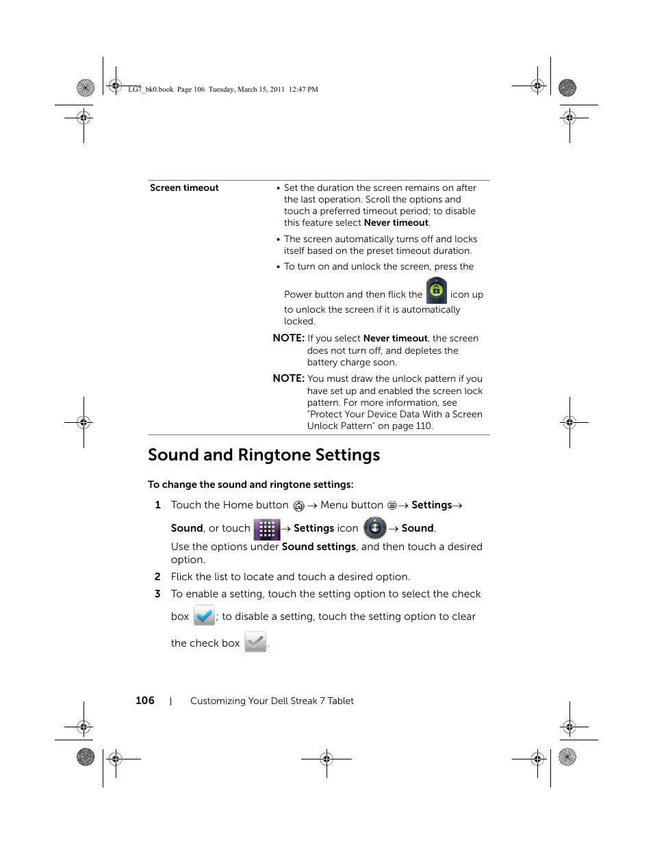 Sound and ringtone settings, To change the sound and ringtone settings | Dell STREAK 7 User Manual | Page 106 / 141