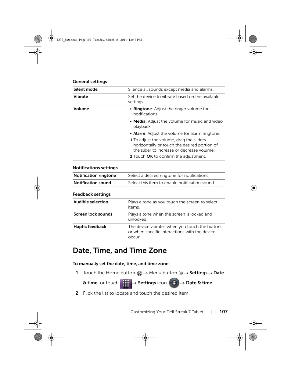 General settings, Notifications settings, Feedback settings | Date, time, and time zone, To manually set the date, time, and time zone | Dell STREAK 7 User Manual | Page 107 / 141