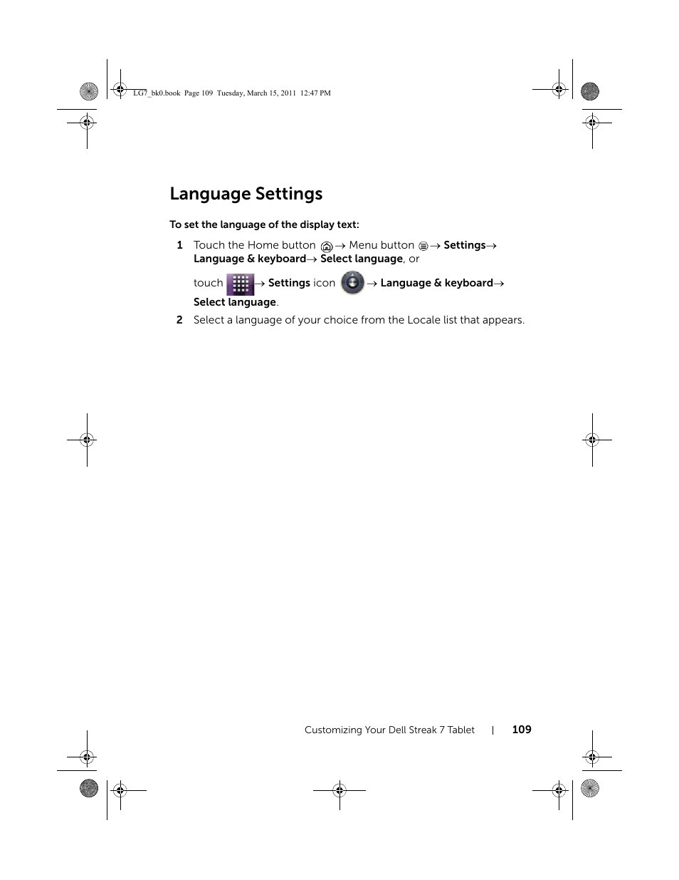 Language settings, To set the language of the display text | Dell STREAK 7 User Manual | Page 109 / 141