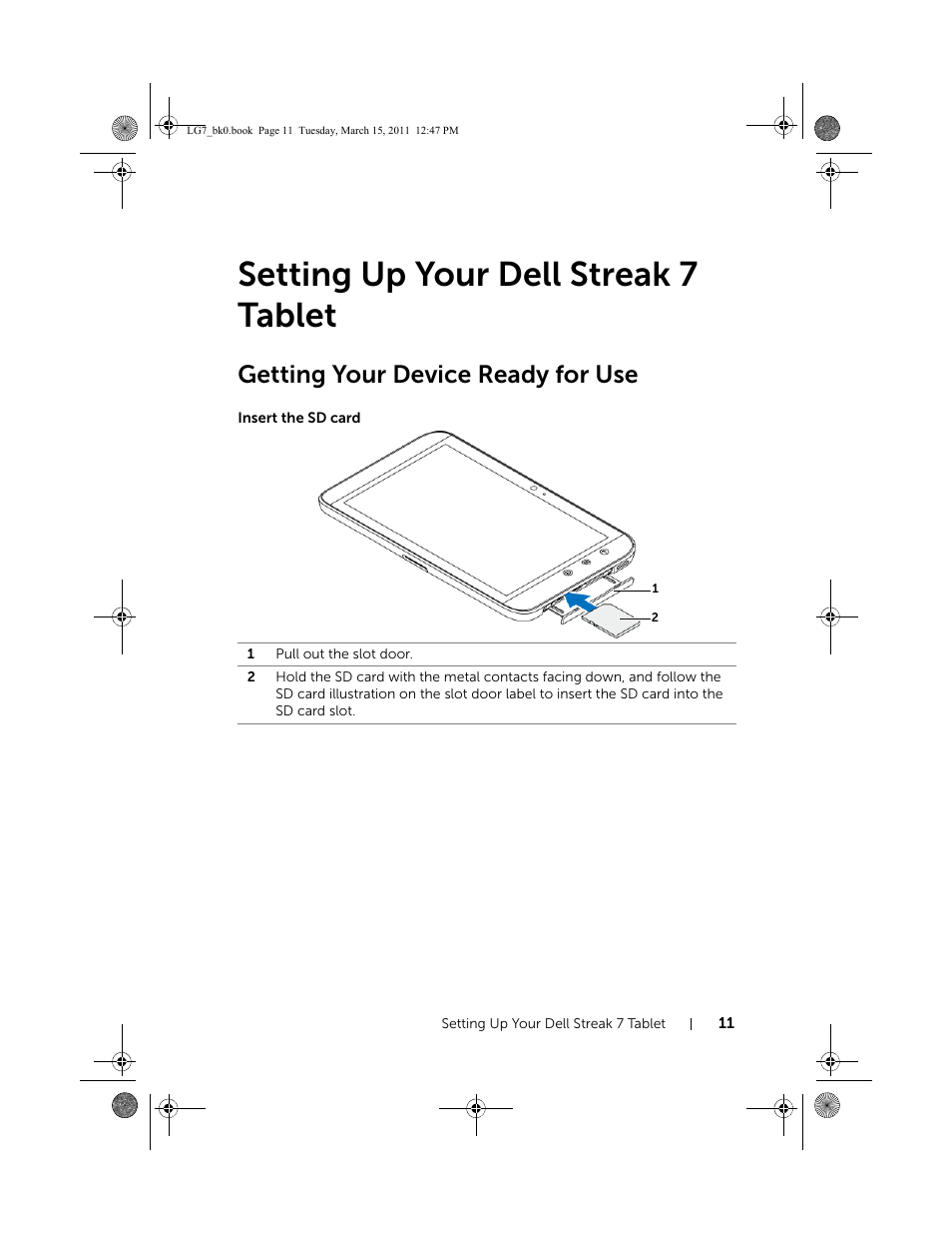 Setting up your dell streak 7 tablet, Getting your device ready for use, Insert the sd card | Dell STREAK 7 User Manual | Page 11 / 141