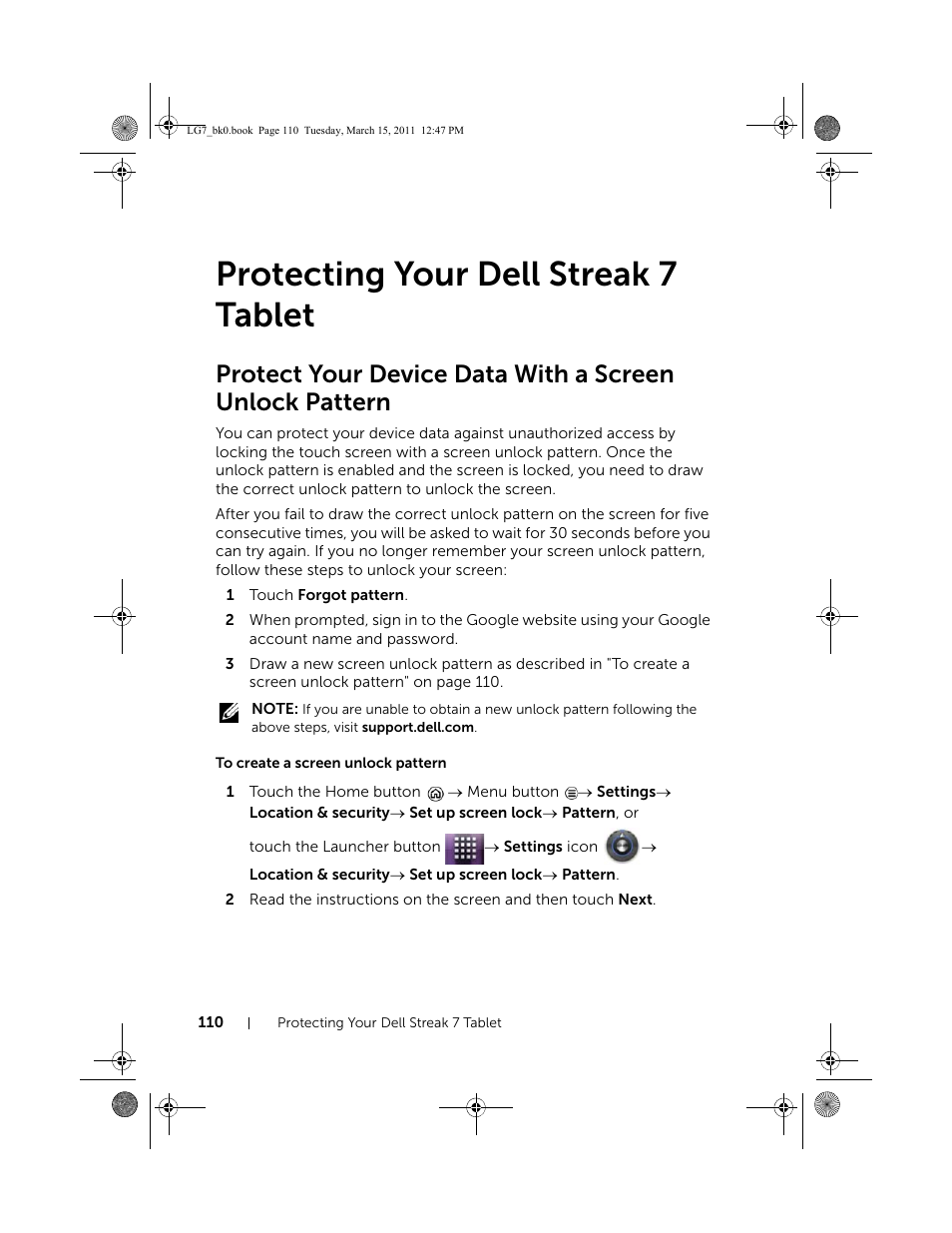 Protecting your dell streak 7 tablet, To create a screen unlock pattern | Dell STREAK 7 User Manual | Page 110 / 141