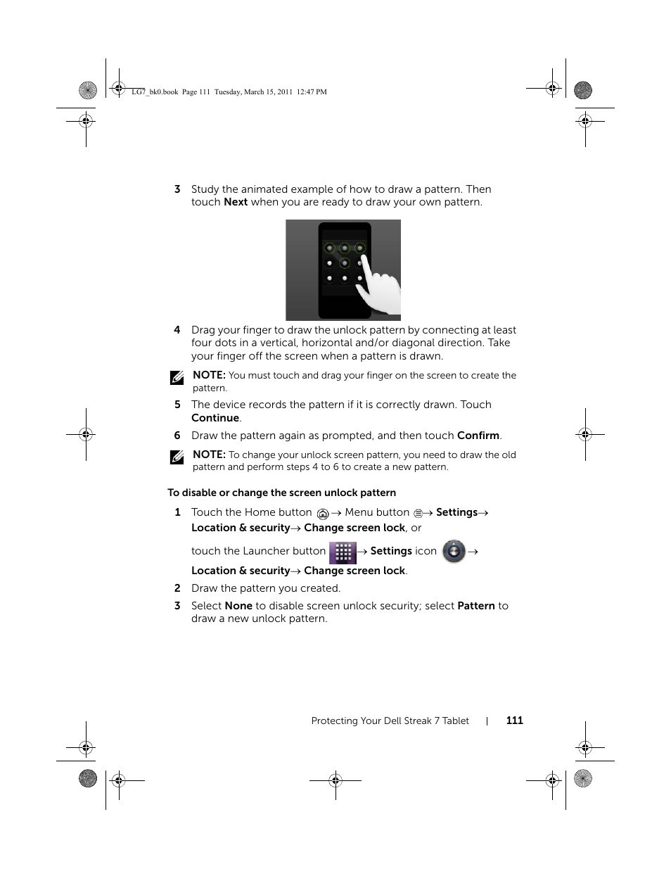 To disable or change the screen unlock pattern | Dell STREAK 7 User Manual | Page 111 / 141