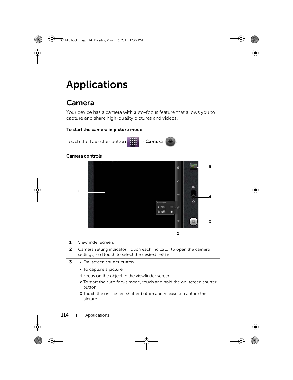 Applications, Camera, To start the camera in picture mode | Camera controls | Dell STREAK 7 User Manual | Page 114 / 141