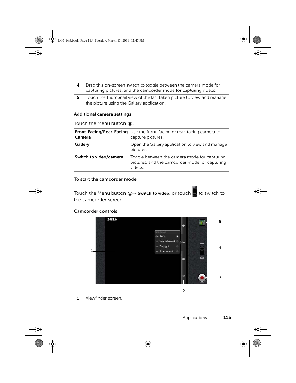 Additional camera settings, To start the camcorder mode, Camcorder controls | Dell STREAK 7 User Manual | Page 115 / 141