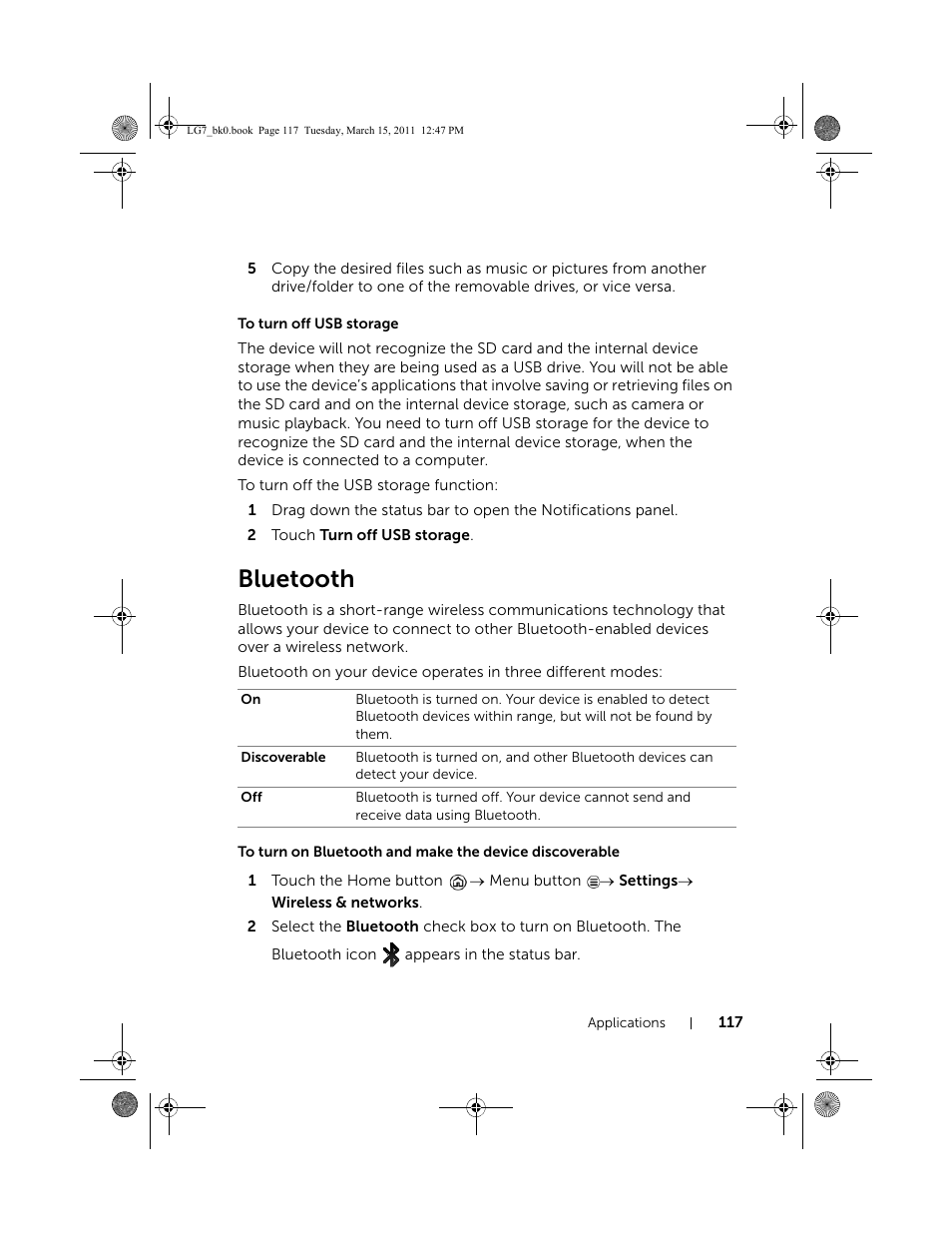 To turn off usb storage, Bluetooth | Dell STREAK 7 User Manual | Page 117 / 141