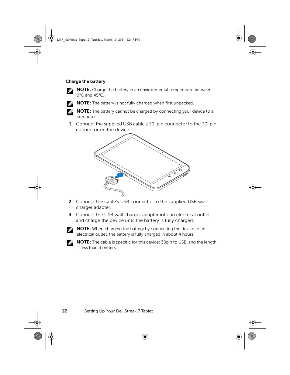 Charge the battery | Dell STREAK 7 User Manual | Page 12 / 141
