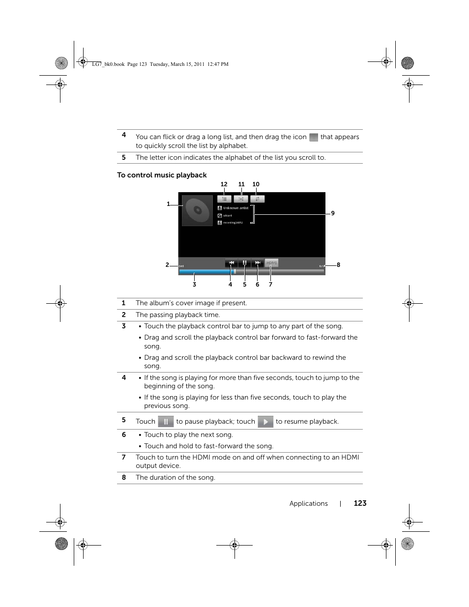 To control music playback | Dell STREAK 7 User Manual | Page 123 / 141