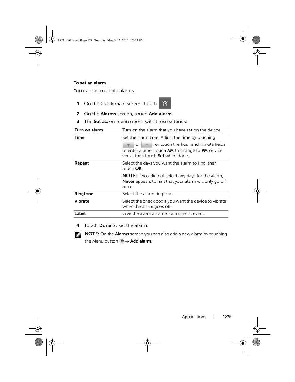 To set an alarm | Dell STREAK 7 User Manual | Page 129 / 141