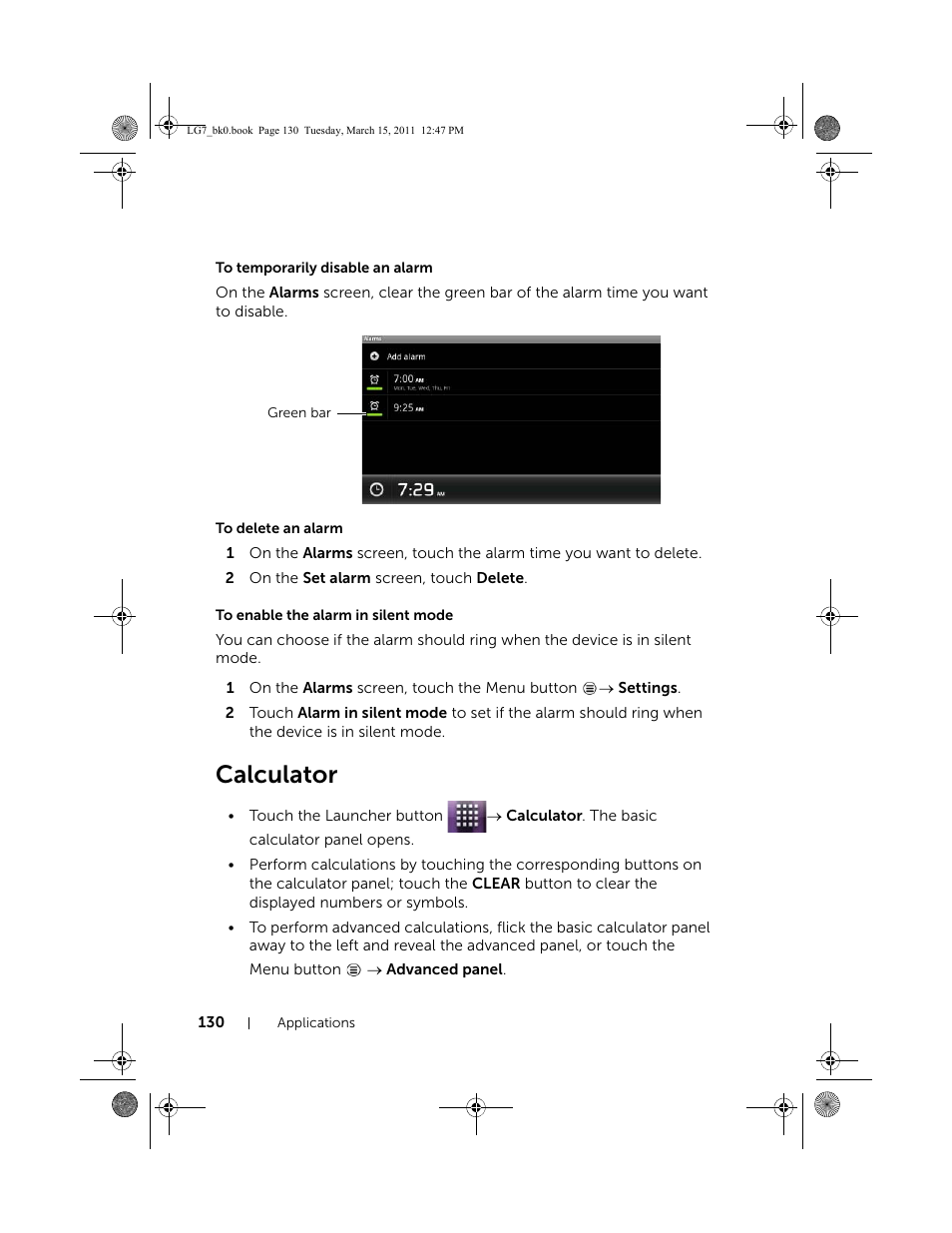 To temporarily disable an alarm, To delete an alarm, To enable the alarm in silent mode | Calculator | Dell STREAK 7 User Manual | Page 130 / 141