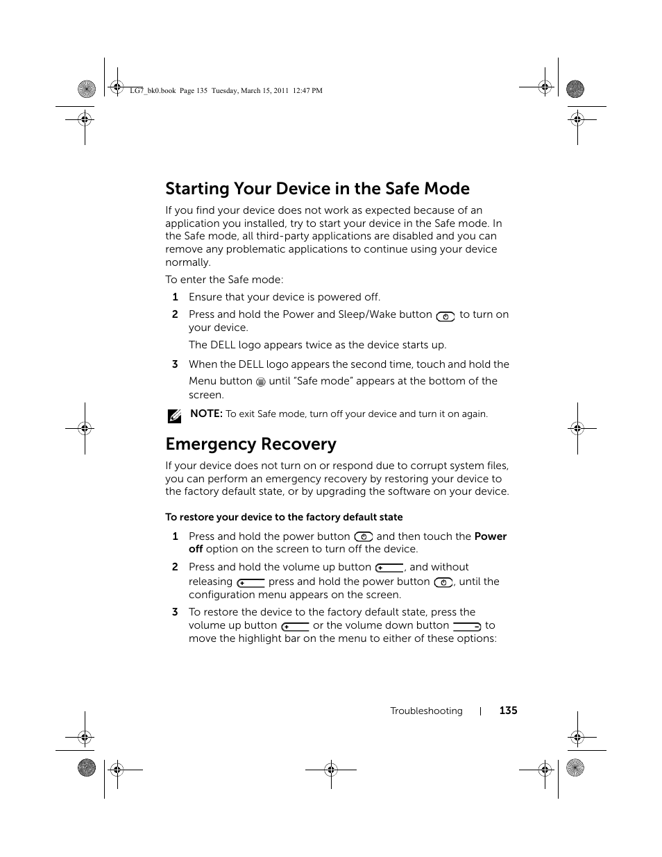 Starting your device in the safe mode, Emergency recovery | Dell STREAK 7 User Manual | Page 135 / 141