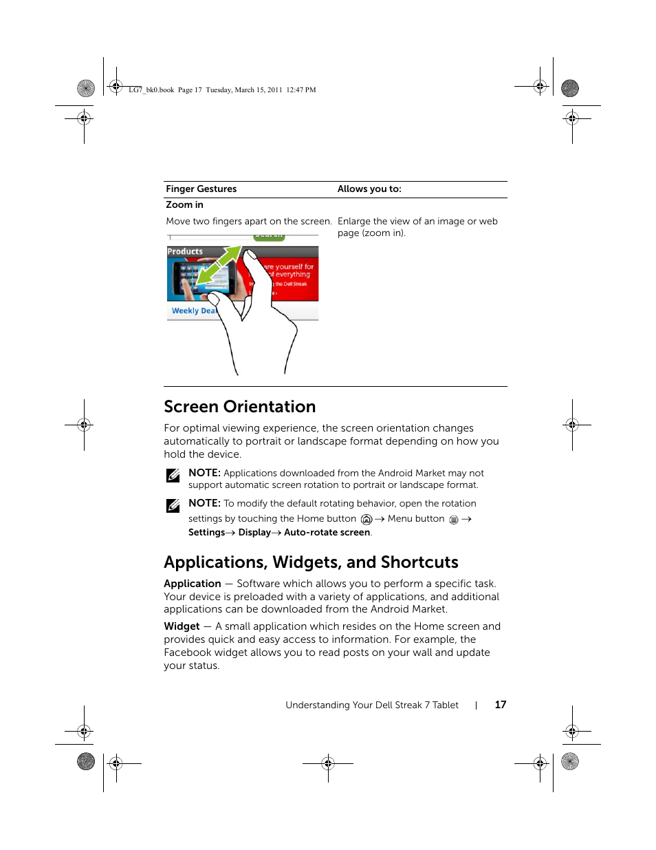 Screen orientation, Applications, widgets, and shortcuts | Dell STREAK 7 User Manual | Page 17 / 141