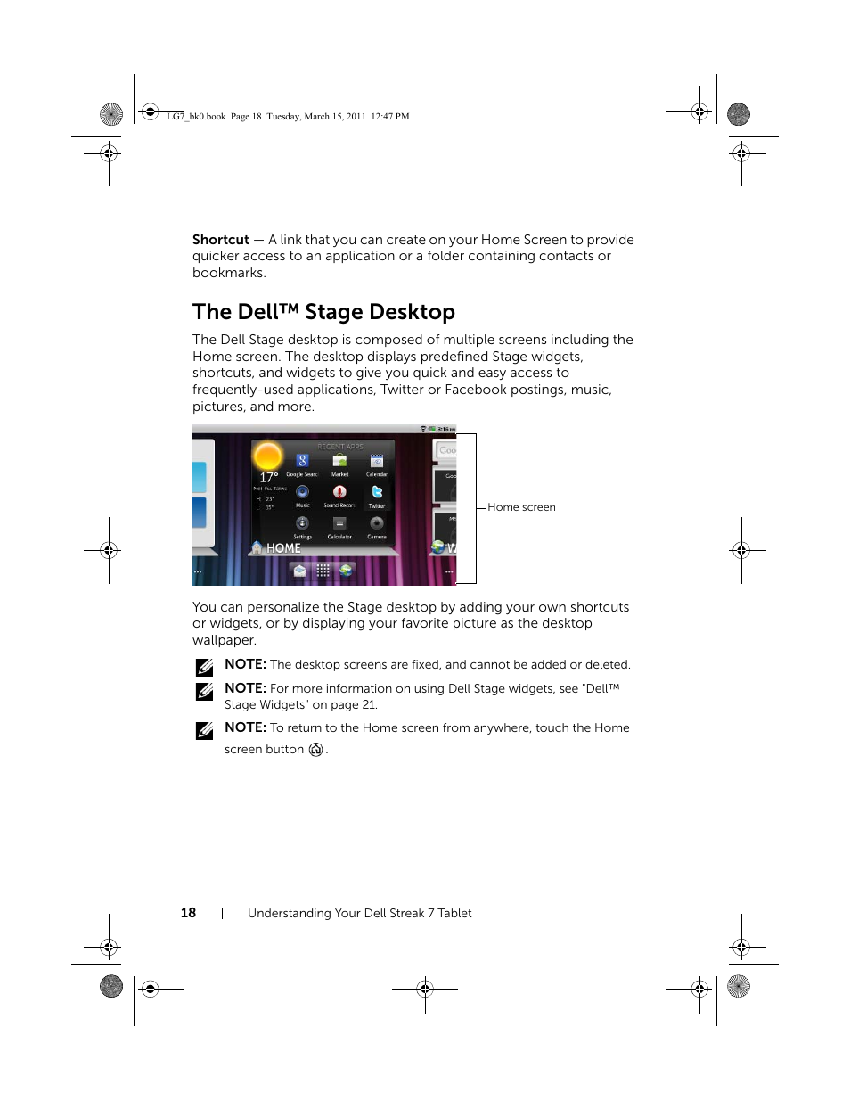 The dell™ stage desktop | Dell STREAK 7 User Manual | Page 18 / 141