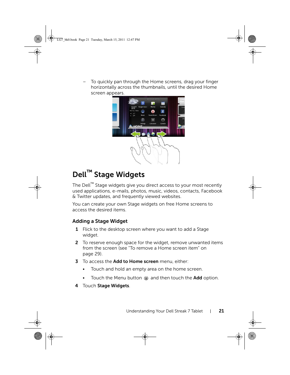 Dell™ stage widgets, Adding a stage widget, Dell | Stage widgets | Dell STREAK 7 User Manual | Page 21 / 141