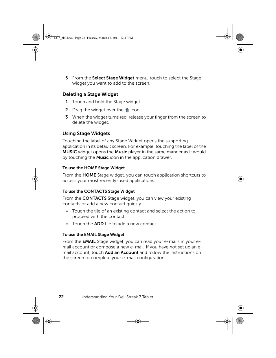 Deleting a stage widget, Using stage widgets, To use the home stage widget | To use the contacts stage widget, To use the email stage widget | Dell STREAK 7 User Manual | Page 22 / 141