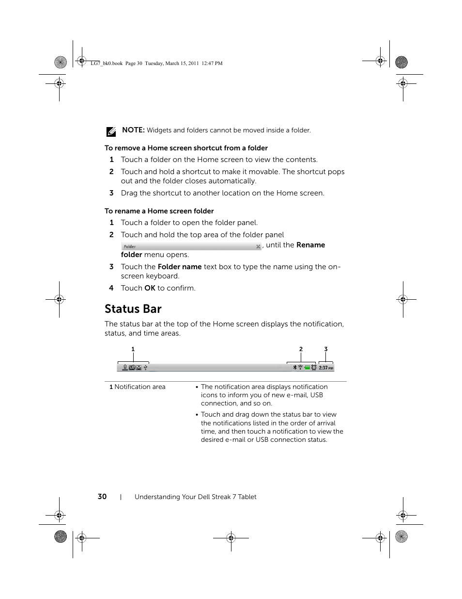 To remove a home screen shortcut from a folder, To rename a home screen folder, Status bar | Dell STREAK 7 User Manual | Page 30 / 141