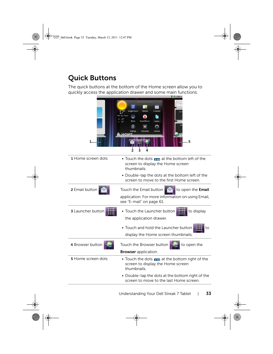 Quick buttons | Dell STREAK 7 User Manual | Page 33 / 141