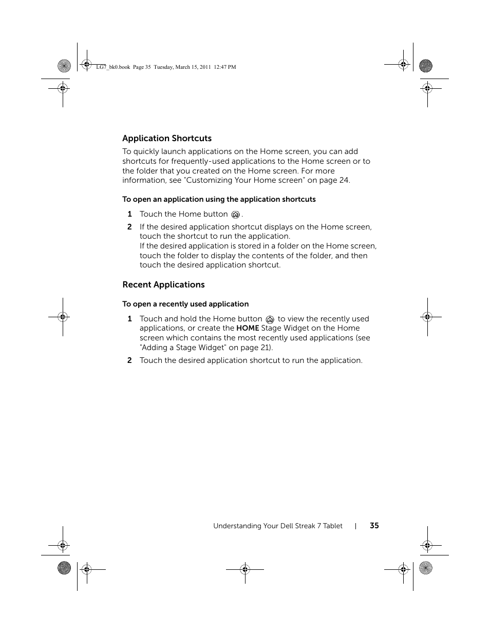 Application shortcuts, Recent applications, To open a recently used application | Dell STREAK 7 User Manual | Page 35 / 141