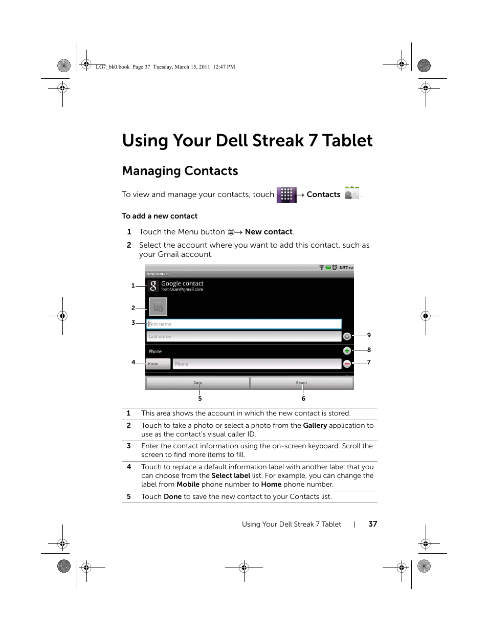 Using your dell streak 7 tablet, Managing contacts, To add a new contact | Dell STREAK 7 User Manual | Page 37 / 141