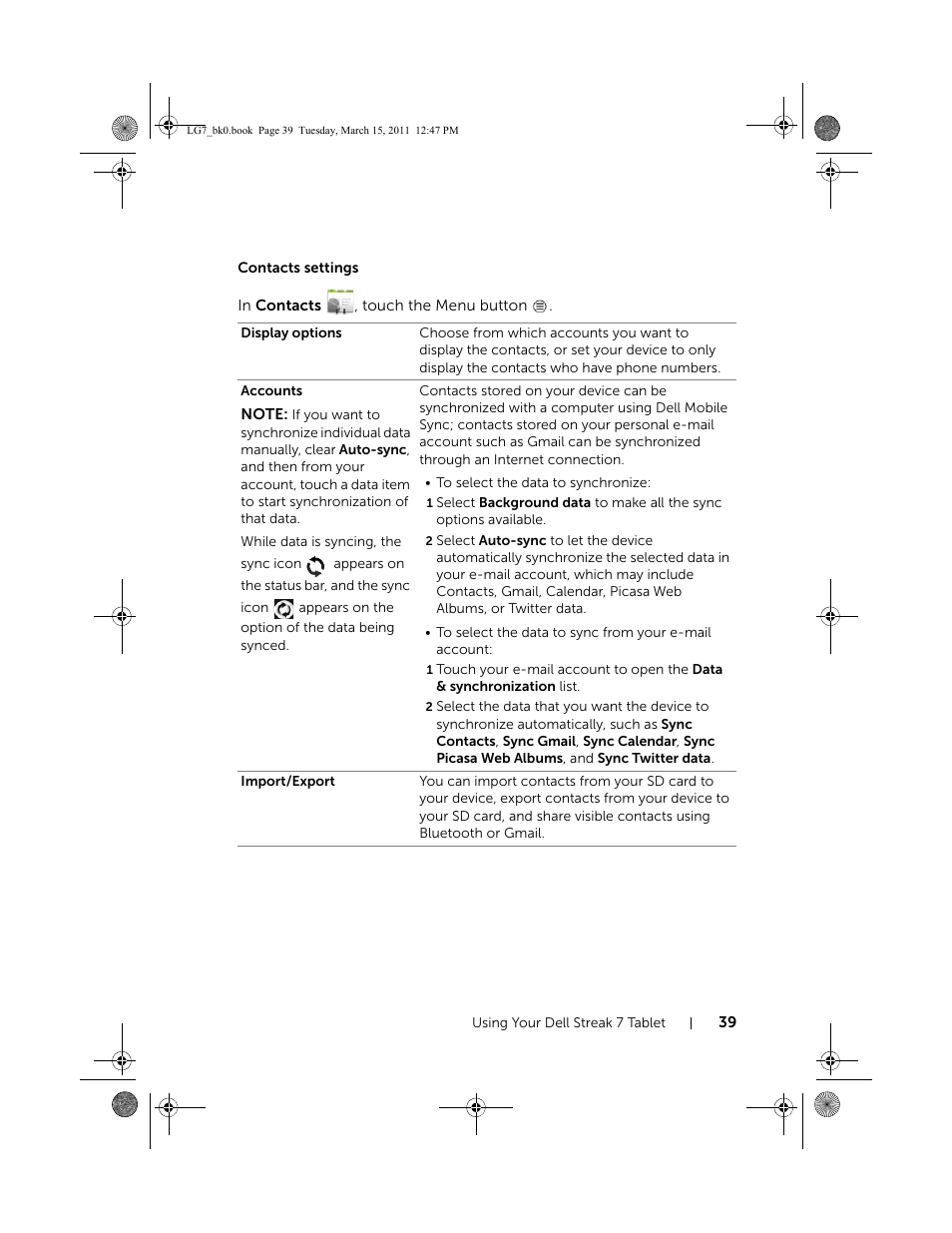 Contacts settings | Dell STREAK 7 User Manual | Page 39 / 141