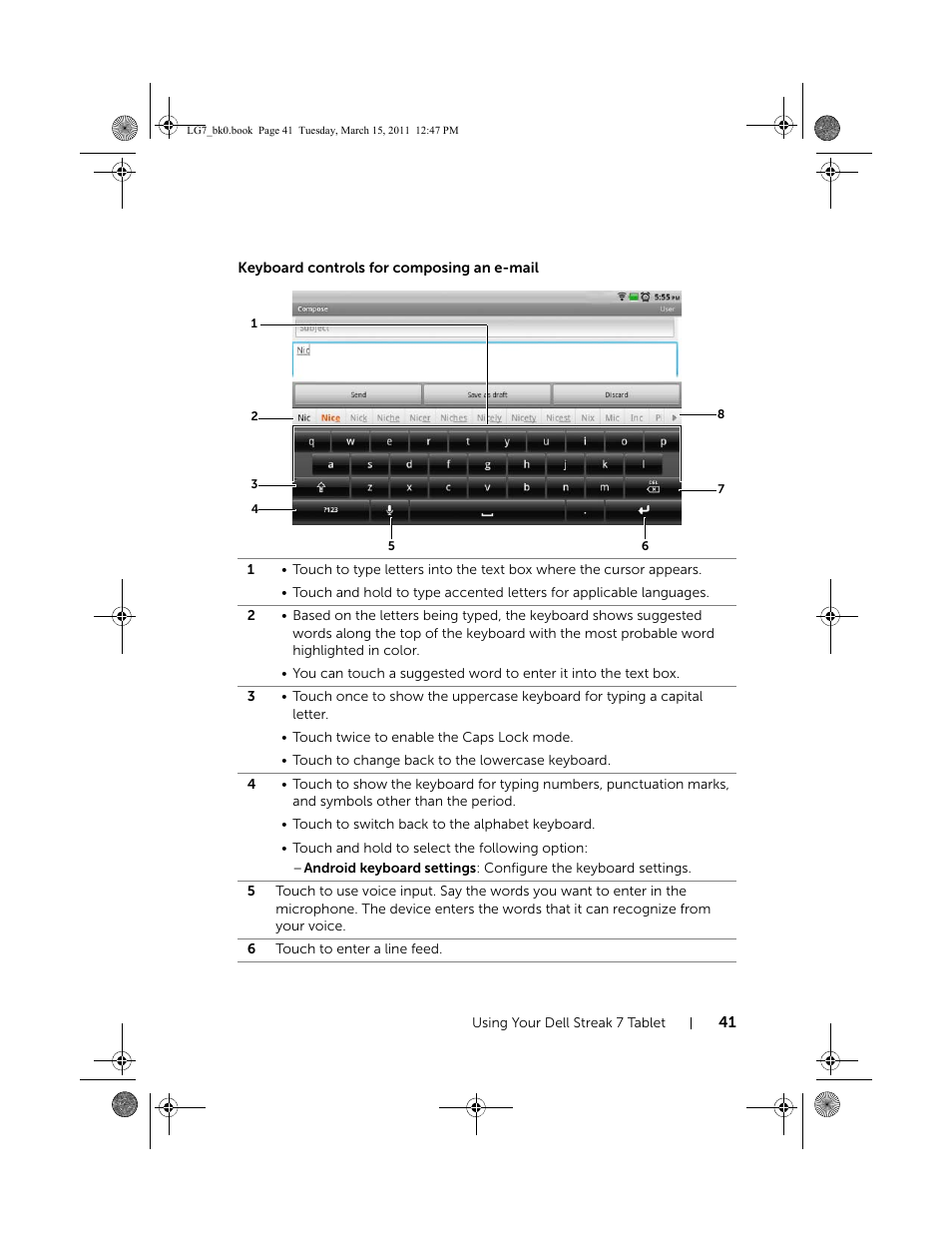 Keyboard controls for composing an e-mail | Dell STREAK 7 User Manual | Page 41 / 141