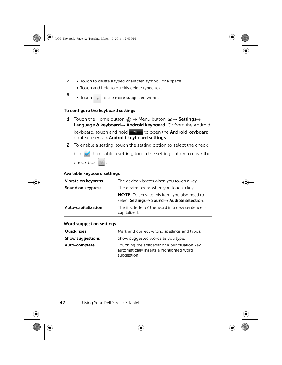 To configure the keyboard settings, Available keyboard settings, Word suggestion settings | Dell STREAK 7 User Manual | Page 42 / 141