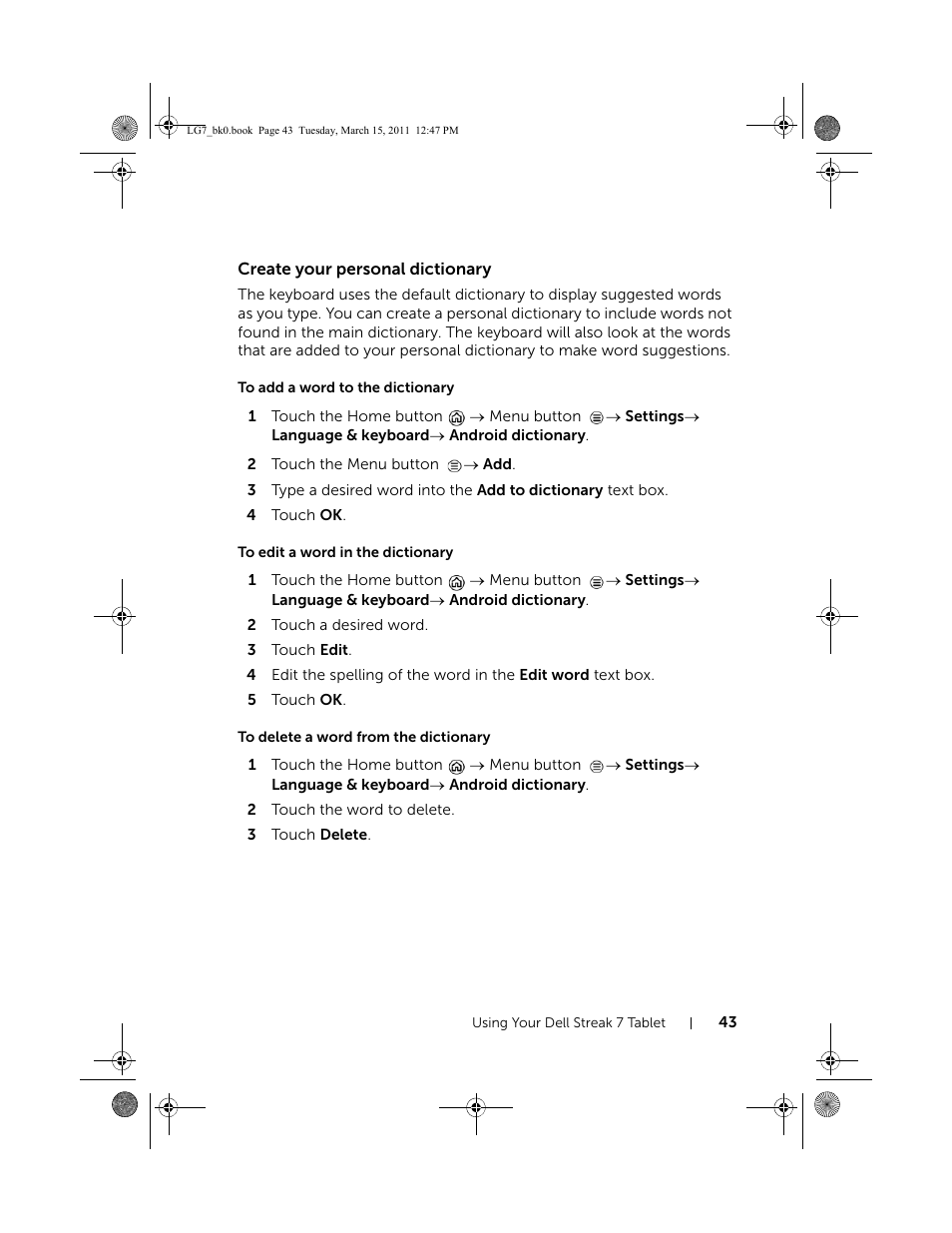 Create your personal dictionary, To add a word to the dictionary, To edit a word in the dictionary | To delete a word from the dictionary | Dell STREAK 7 User Manual | Page 43 / 141
