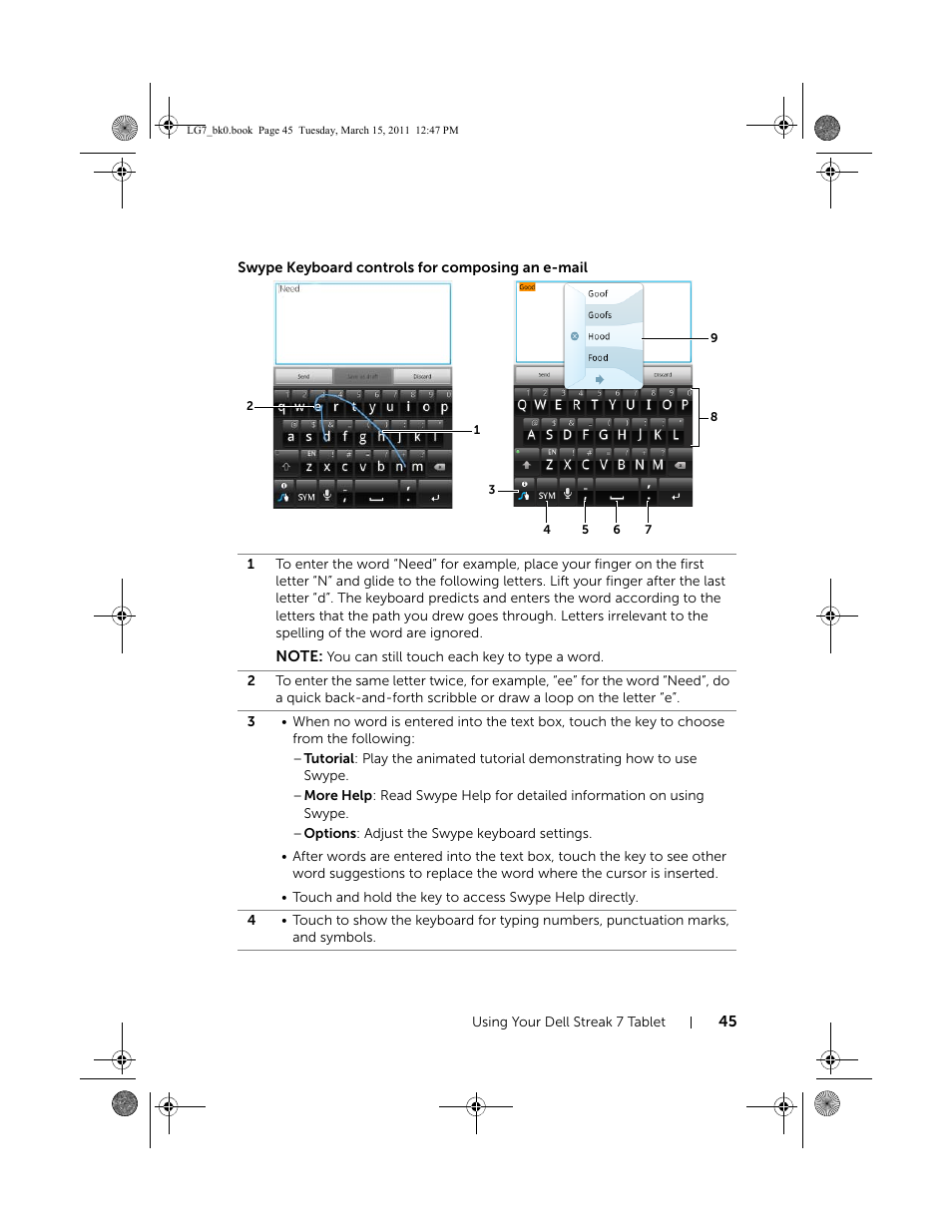 Swype keyboard controls for composing an e-mail | Dell STREAK 7 User Manual | Page 45 / 141