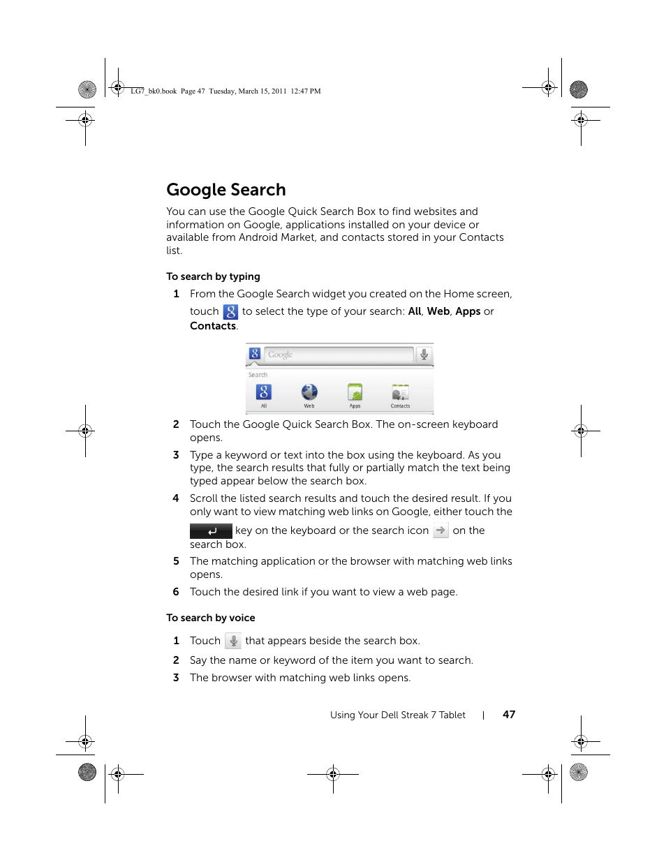 Google search, To search by typing, To search by voice | Dell STREAK 7 User Manual | Page 47 / 141