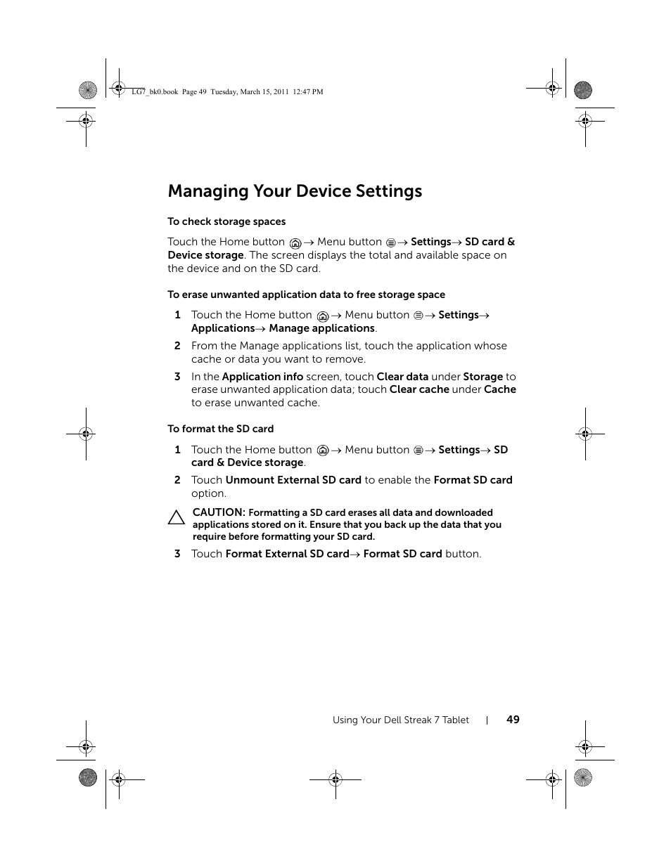 Managing your device settings, To check storage spaces, To format the sd card | Dell STREAK 7 User Manual | Page 49 / 141