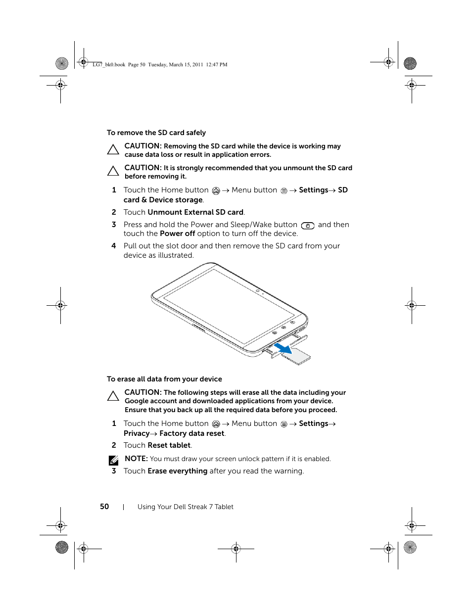 To remove the sd card safely, To erase all data from your device | Dell STREAK 7 User Manual | Page 50 / 141