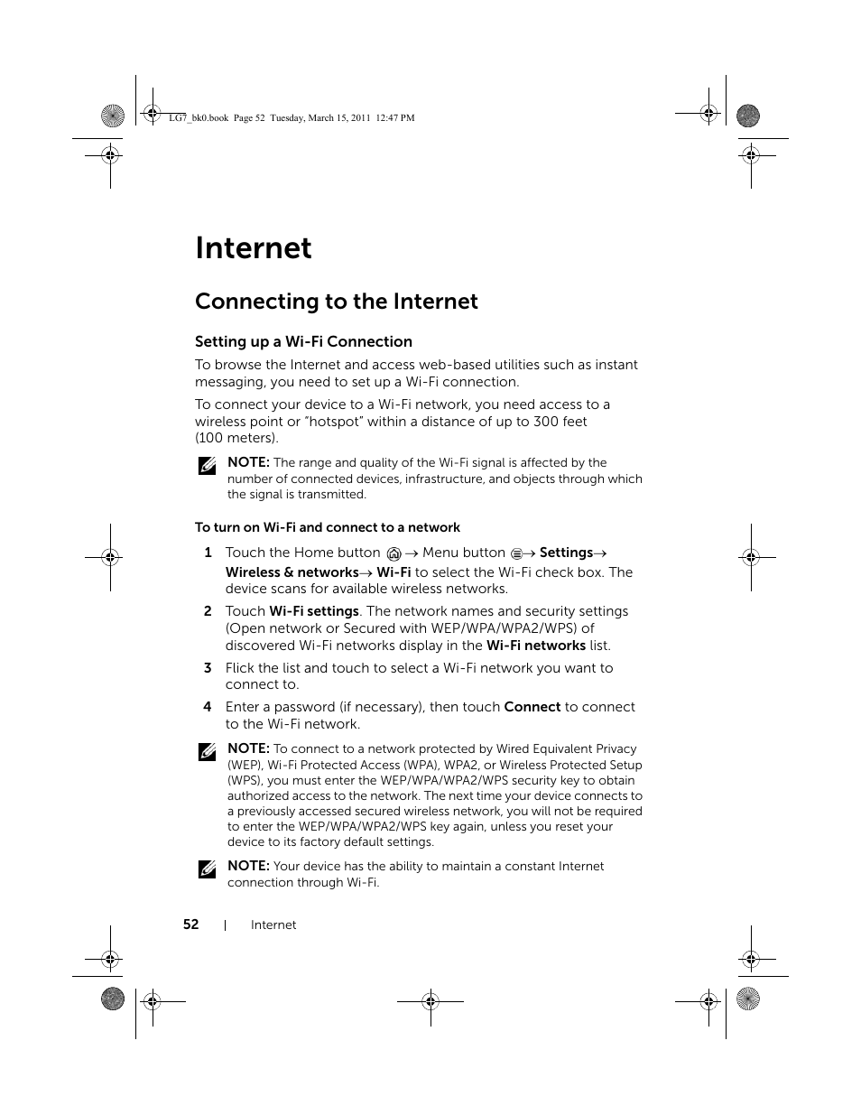 Internet, Connecting to the internet, Setting up a wi-fi connection | To turn on wi-fi and connect to a network | Dell STREAK 7 User Manual | Page 52 / 141