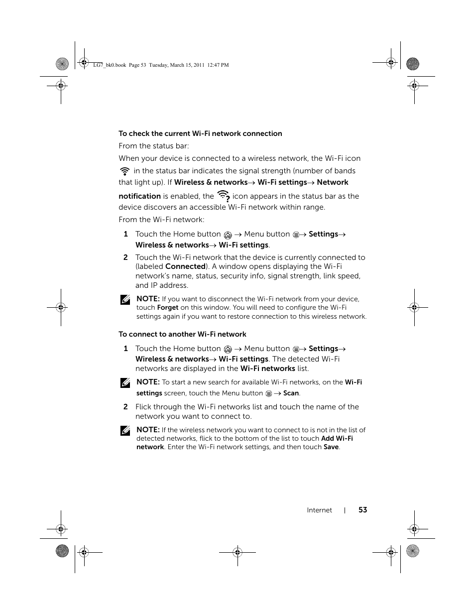 To check the current wi-fi network connection, To connect to another wi-fi network | Dell STREAK 7 User Manual | Page 53 / 141