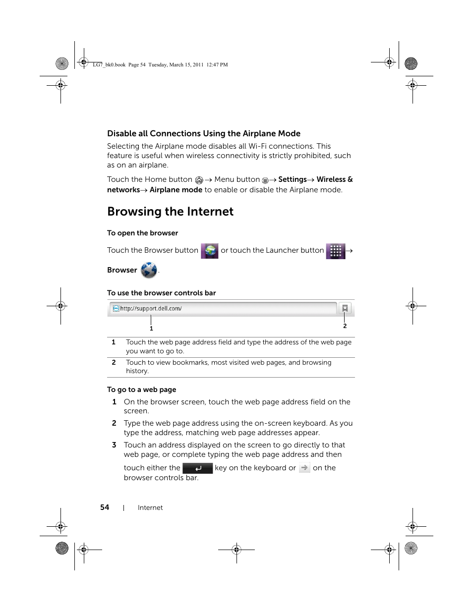 Disable all connections using the airplane mode, Browsing the internet, To open the browser | To use the browser controls bar | Dell STREAK 7 User Manual | Page 54 / 141