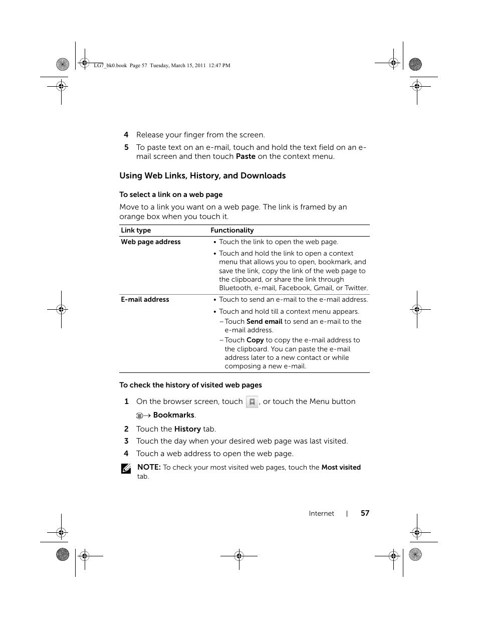 Using web links, history, and downloads | Dell STREAK 7 User Manual | Page 57 / 141