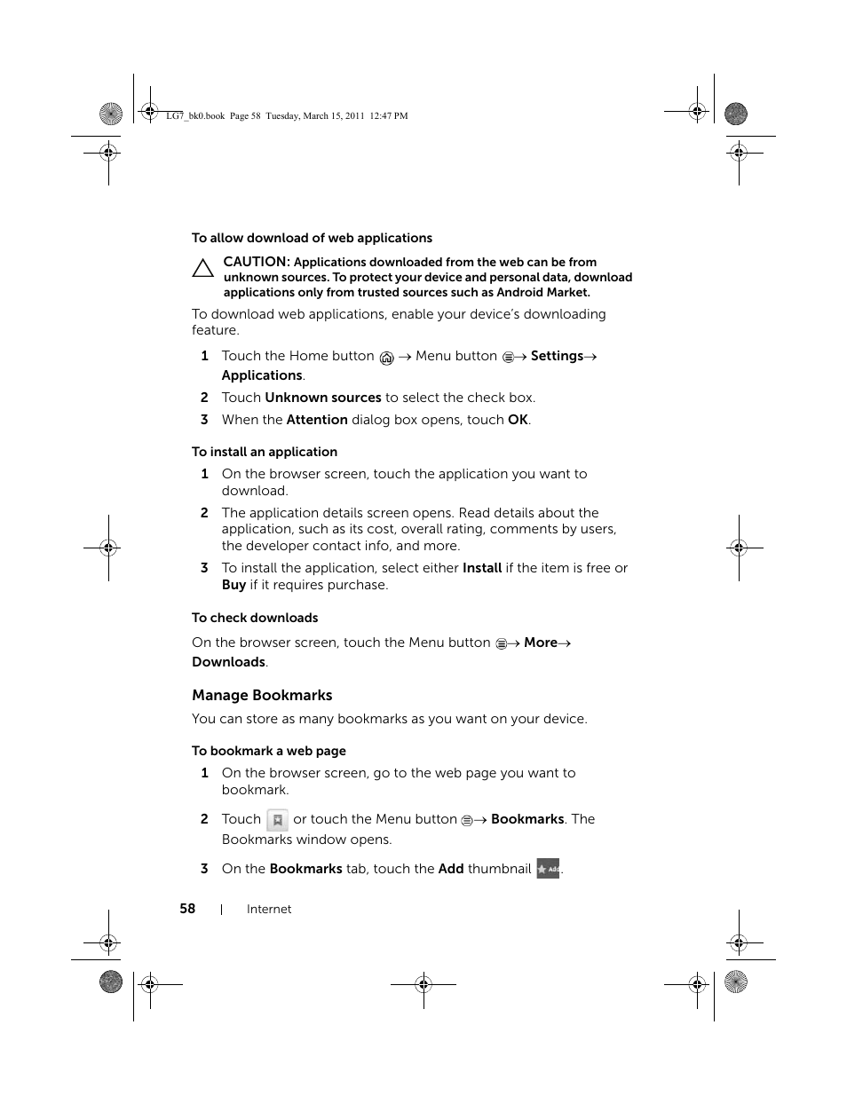 To allow download of web applications, To install an application, To check downloads | Manage bookmarks | Dell STREAK 7 User Manual | Page 58 / 141