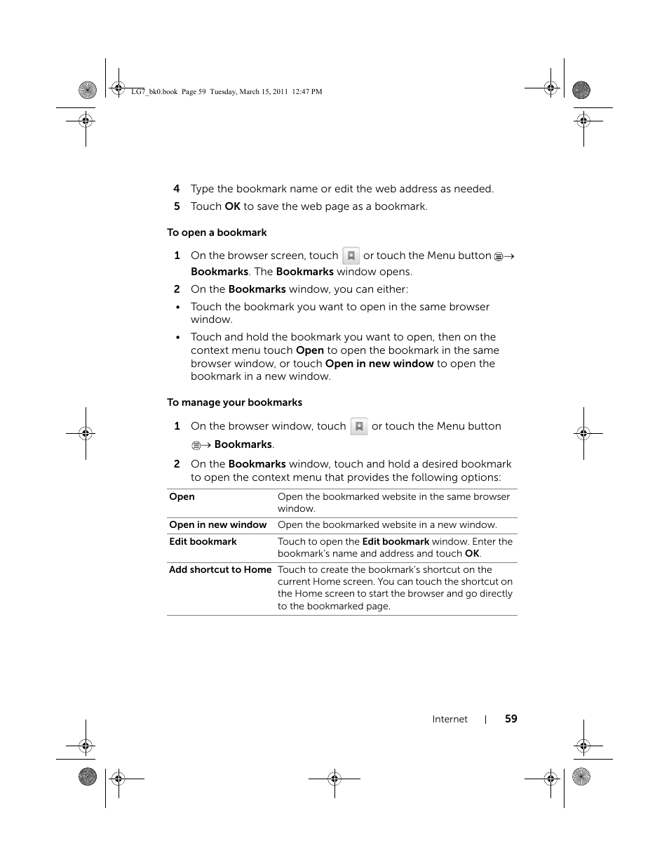 To open a bookmark, To manage your bookmarks | Dell STREAK 7 User Manual | Page 59 / 141
