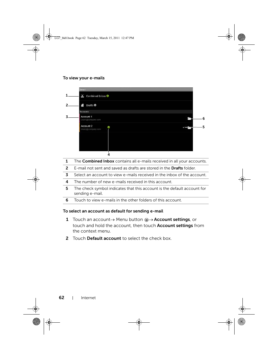 To view your e-mails, To select an account as default for sending e-mail | Dell STREAK 7 User Manual | Page 62 / 141