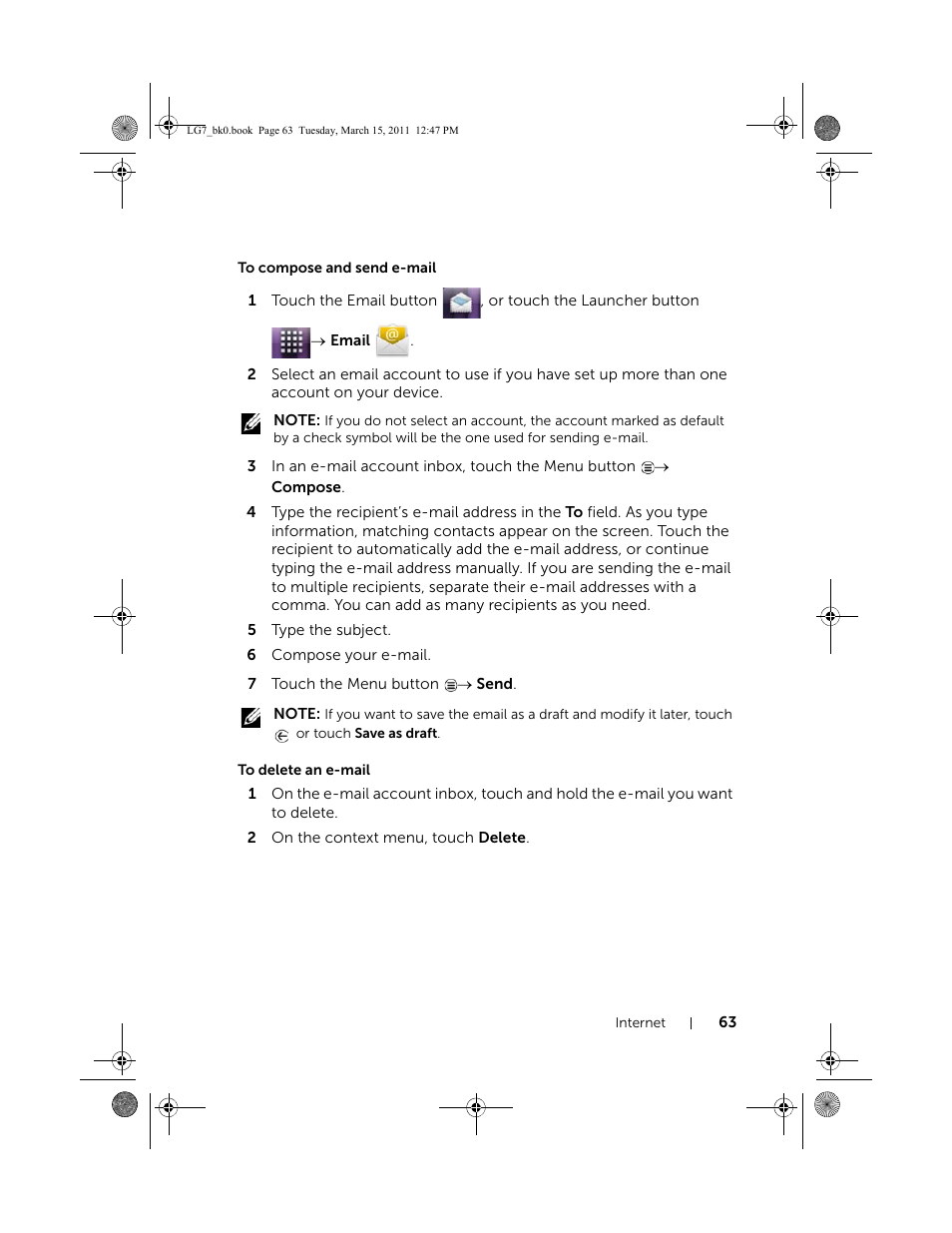 To compose and send e-mail, To delete an e-mail | Dell STREAK 7 User Manual | Page 63 / 141