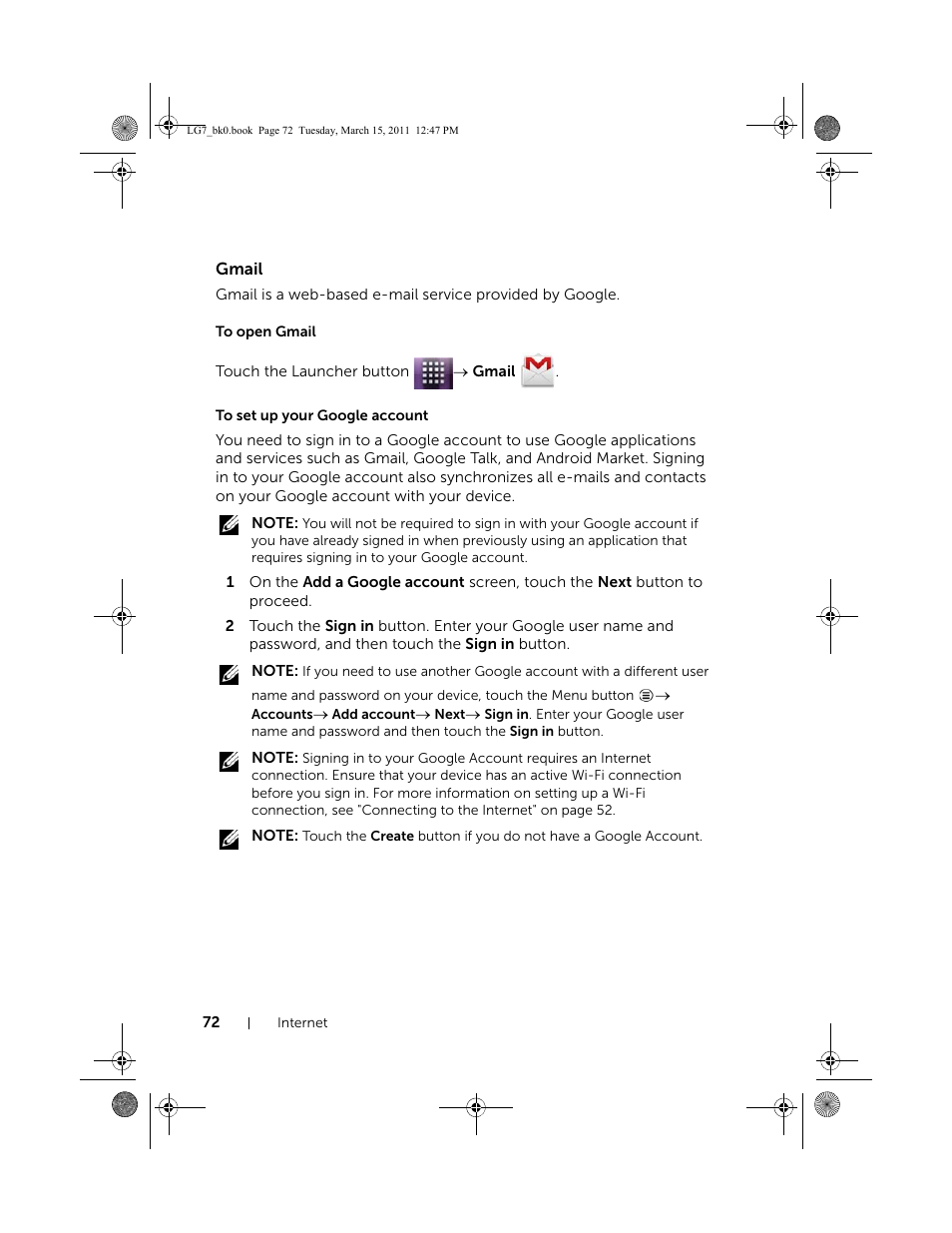 Gmail, To open gmail, To set up your google account | Dell STREAK 7 User Manual | Page 72 / 141
