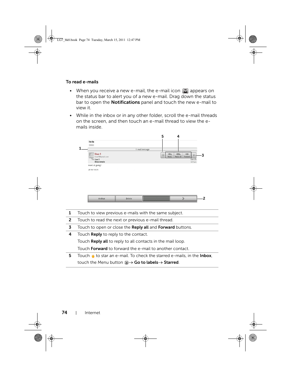 To read e-mails | Dell STREAK 7 User Manual | Page 74 / 141